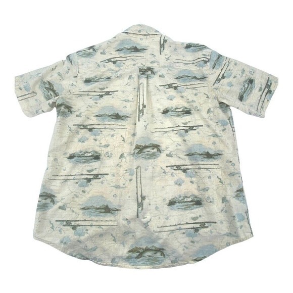 Woolrich Camp Shirt Fishing Pattern Tan Short Sleeve Cotton‎ Size Large - Picture 2 of 8